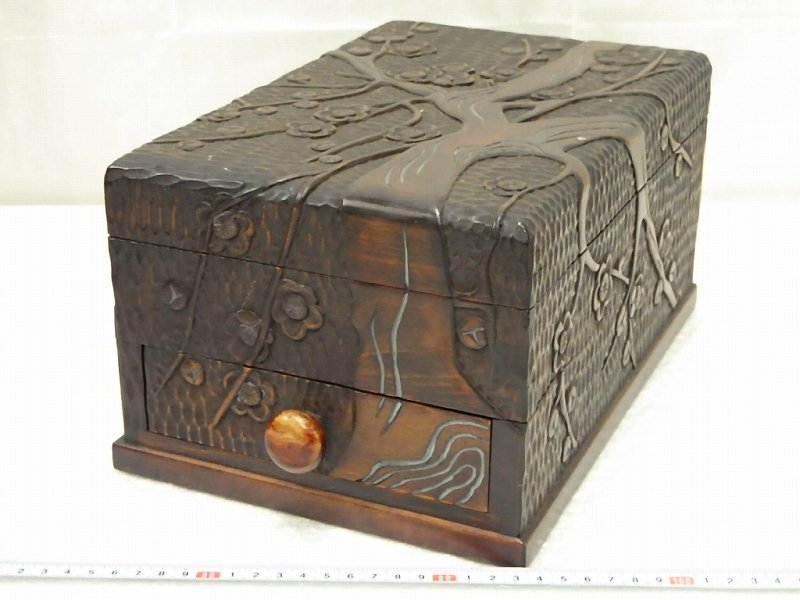 P6795 木彫 花文 小引き出し 小箪笥 収納箱 木工芸