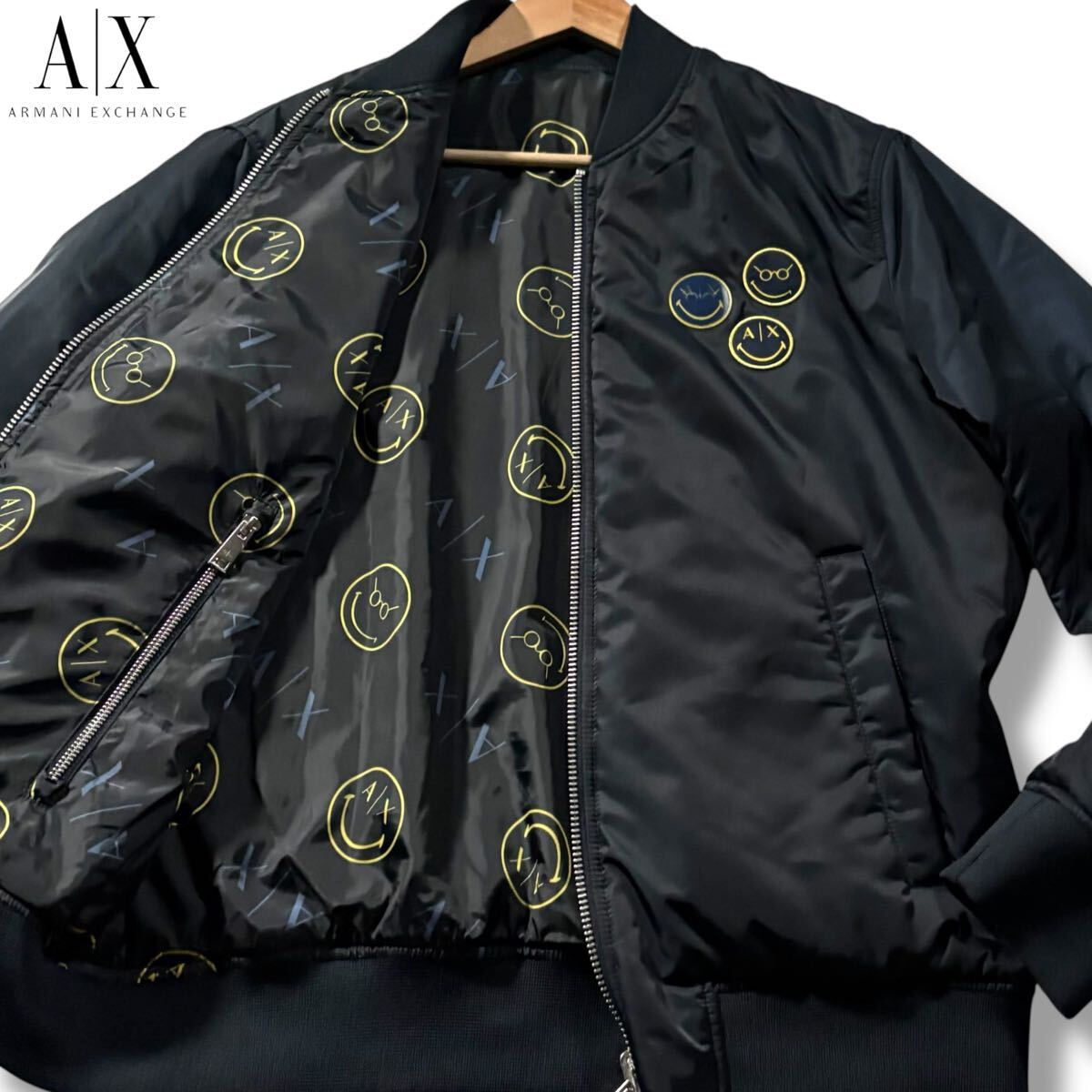 極美品/Lサイズ相当●アルマーニ エクスチェンジ 2way リバーシブル MA-1 中綿 ジャケット ARMANI EXCHANGE ダブルジップ スマイル AXロゴ