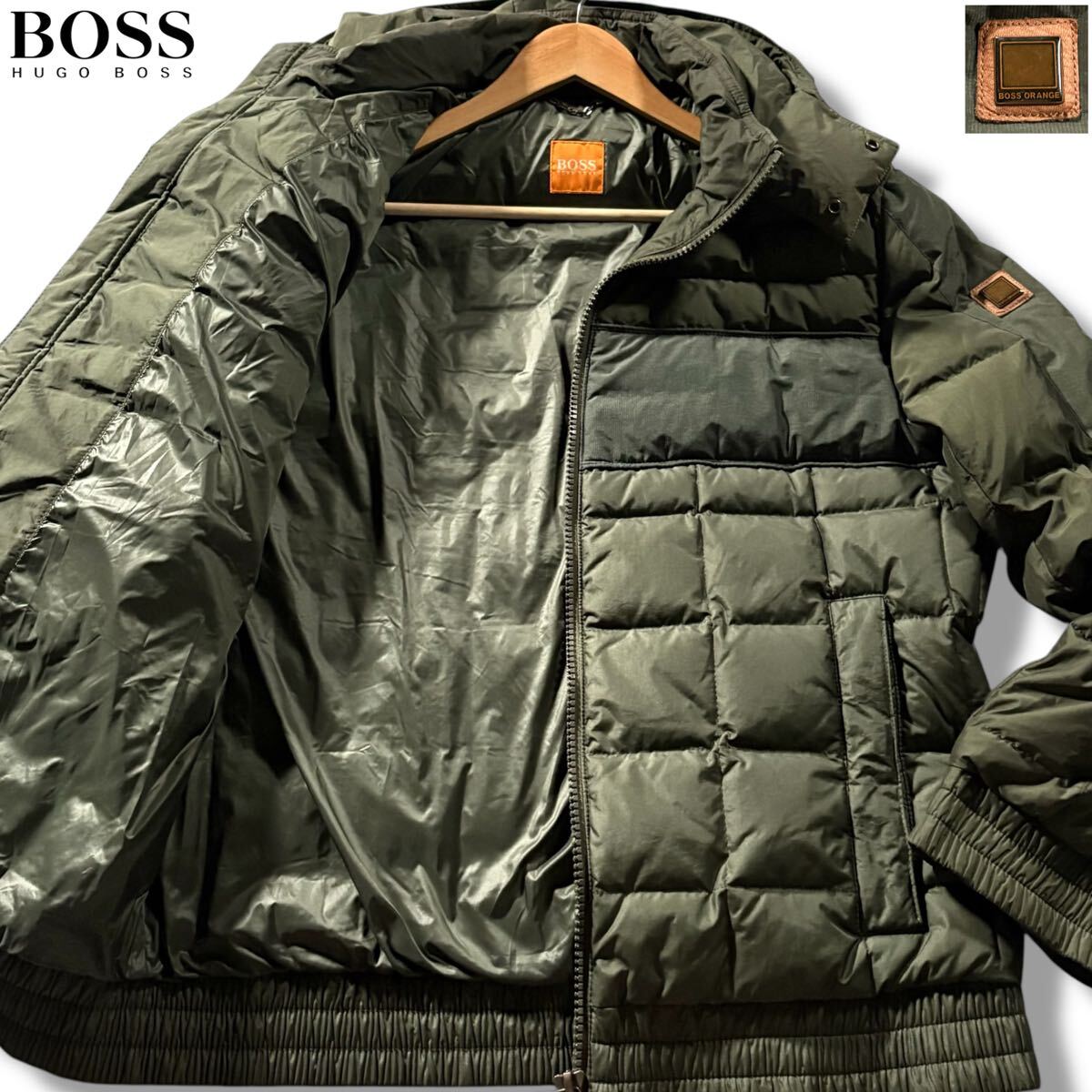 極美品/Lサイズ●ヒューゴボス ダウンジャケット アウター HUGO BOSS 切替 ワッフル キルティング ダックダウン 肩ロゴワッペン カーキ 48