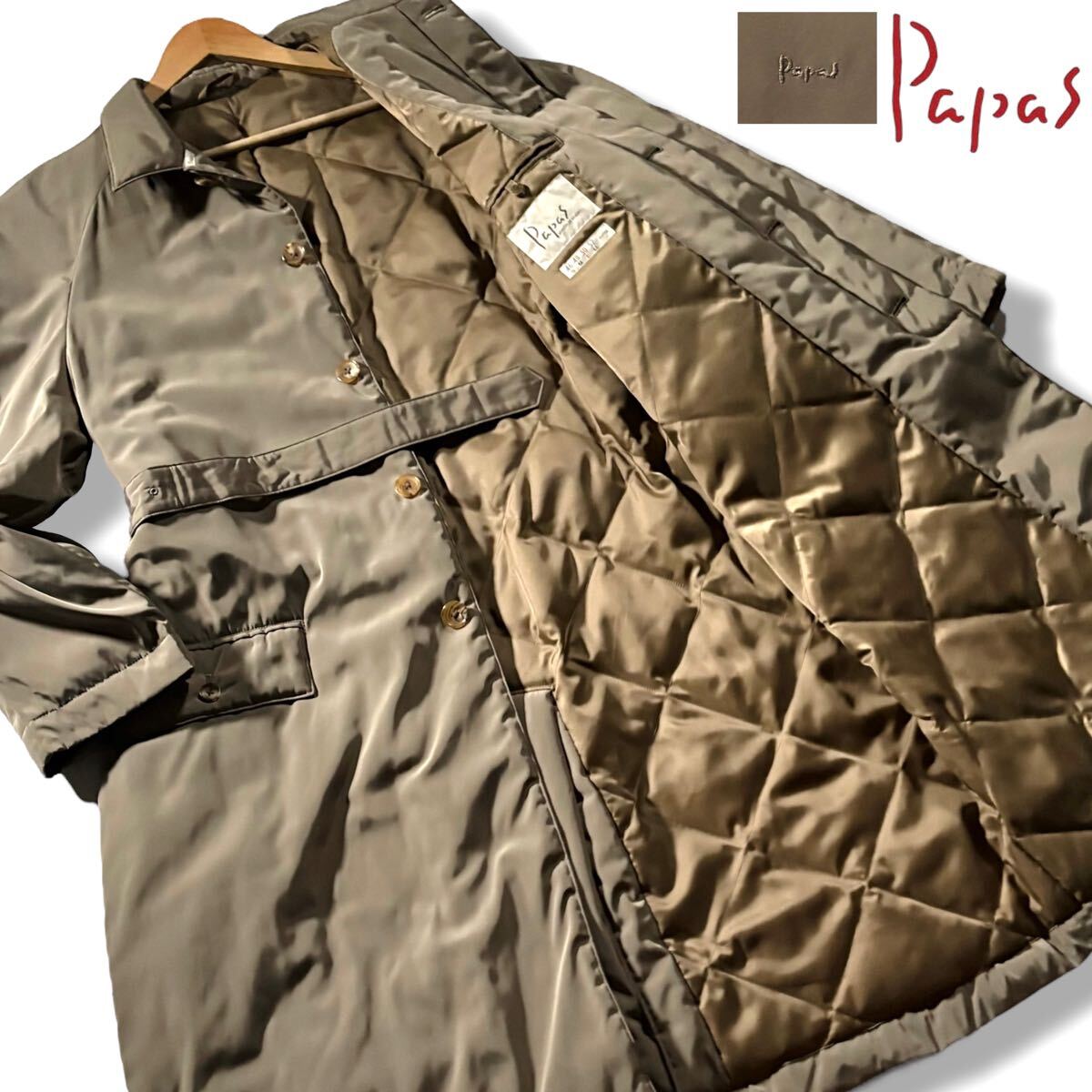 未使用級/Lサイズ●Papas パパス ダウンコート トレンチコート ジャケット ベルト アウター ロング丈 キルティング 胸元ロゴ 襟ロゴタグ