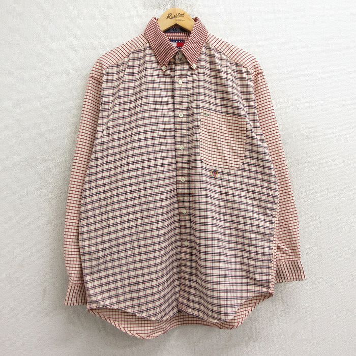 XL/古着 トミーヒルフィガー 長袖 ブランド シャツ メンズ 90s ワンポイントロゴ クレージーパターン コットン ボタンダウン エンジ系他 チ