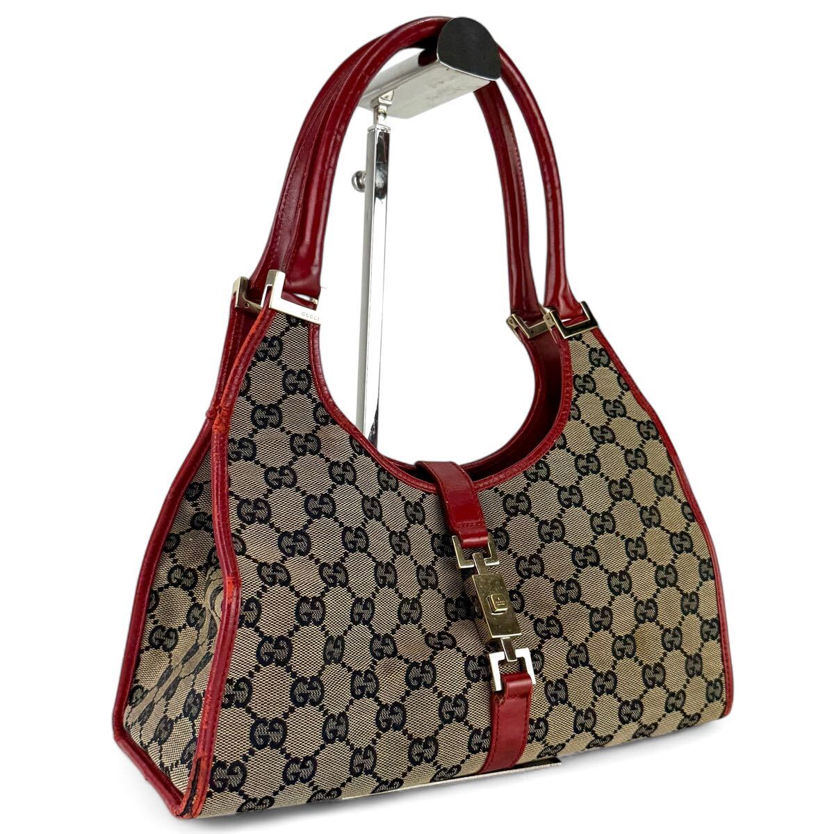 ⭐極美品⭐GUCCI　gg　トートバッグ　レッド　レザー×キャンバス GUCCI グッチ トートバッグ GGキャンバス レザー レッド グレー