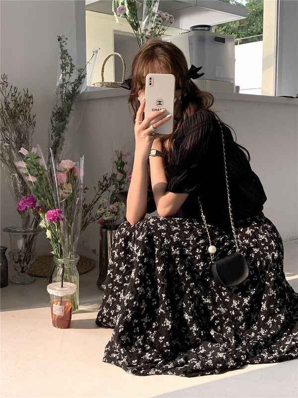  all 2 color skirt frill high waist bai color body type cover put on .. floral print simple free beige 