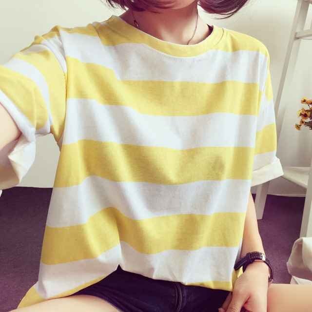  lady's summer ound-necked T-shirt border stripe pattern short sleeves easy tops body type cover put on .. effect L blue 