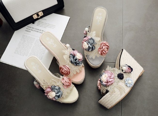 [ high quality ] all 4 color beach sandals mules thickness bottom Wedge flower sweet series 39 black 