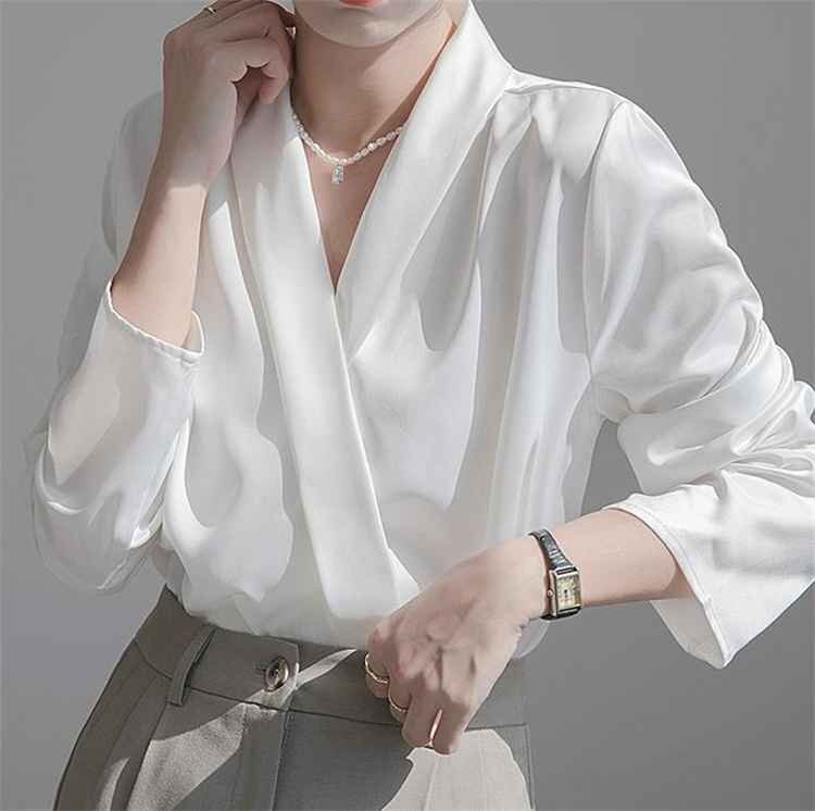  long sleeve blouse V neck elegant shirt Mini ma list chiffon blouse XL white 