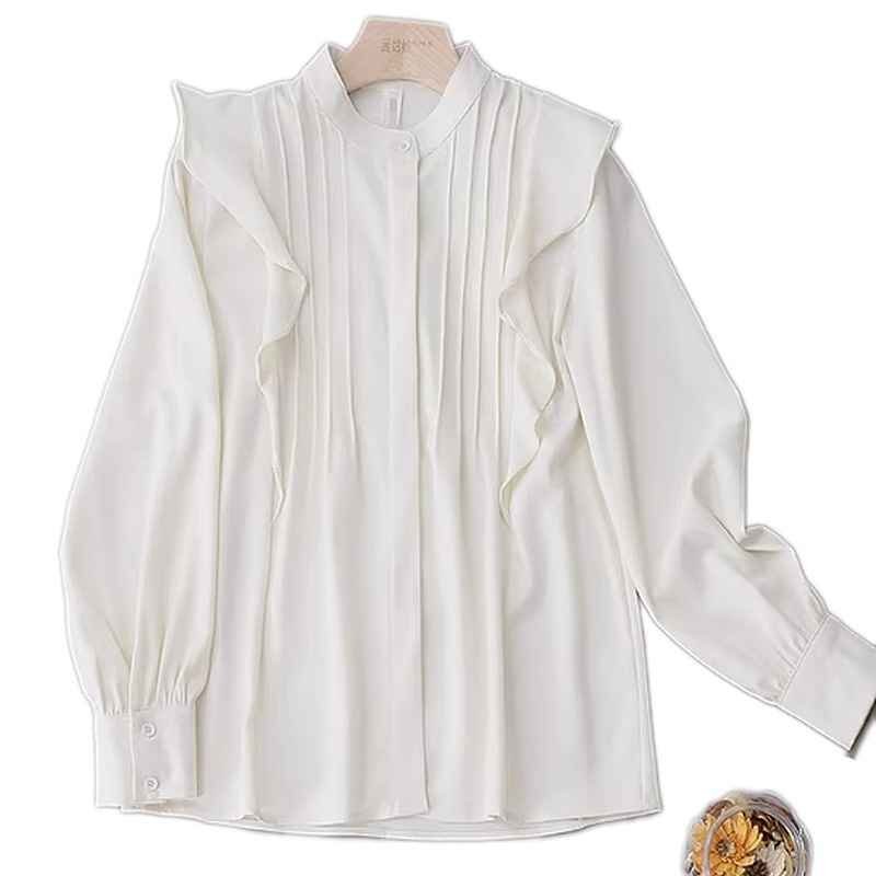  long sleeve shirt lady's tops long sleeve blouse frill retro simple plain office casual commuting OL work XL white 