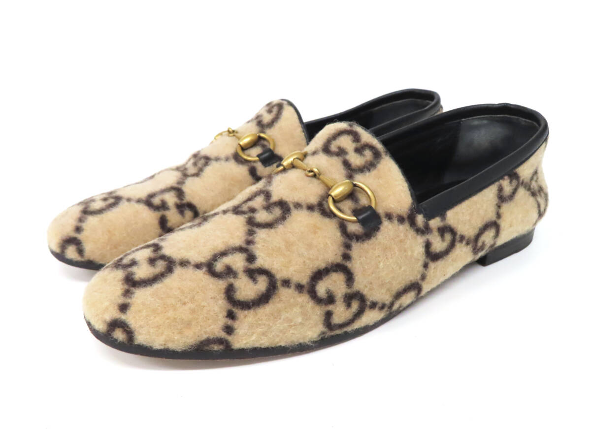 18948 美品 GUCCI グッチ GG柄 ホースビット金具 フェルト ウール×レザー ローファー スリッポン シューズ 35.5 ベージュ×黒 イタリア制