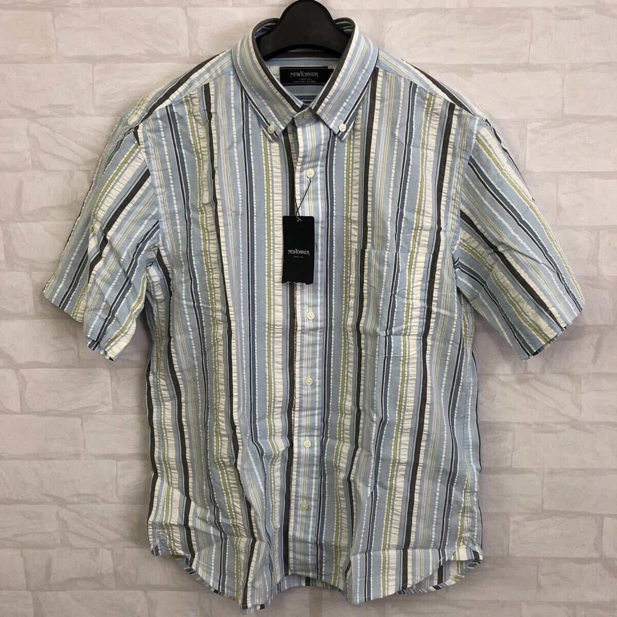 新品 タグ付き NEWYORKER ストライプ 半袖ショートボタンダウンシャツ