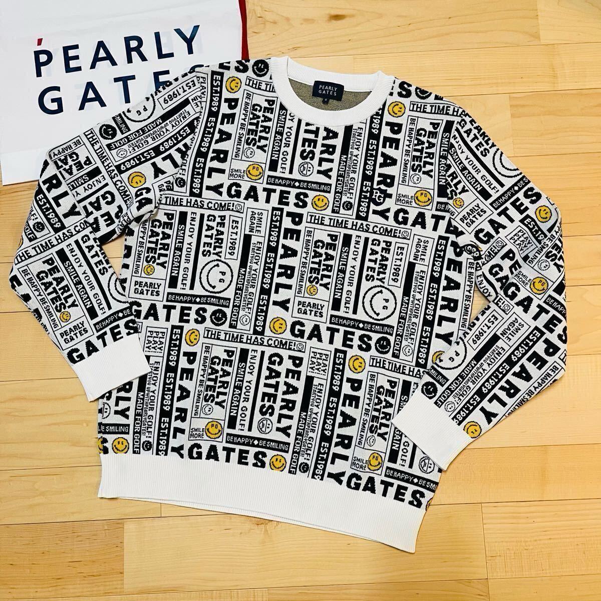 ★極美品 パーリーゲイツ ニュースペーパー柄 クルーネックニット セーター メンズ ★送料無料 正規品