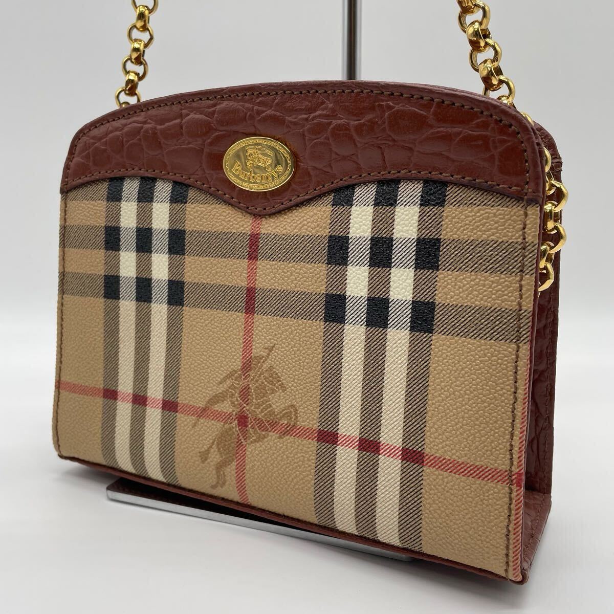Burberry's of London クロコ 型押し キャンバス ノバチェック切替 ゴールド チェーン ショルダーバッグ VINTAGE ARCHIVE バーバリー