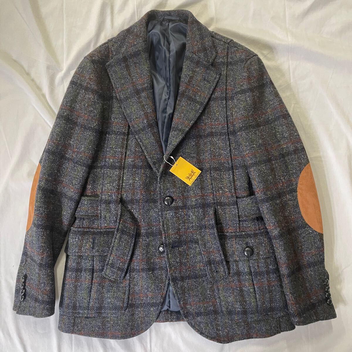 未使用級 Harris Tweed × BARON VIENTO ノーフォークジャケット ミックス ハリスツイード エルボーパッチ ガンクラブ 48 L位 定価8.6万