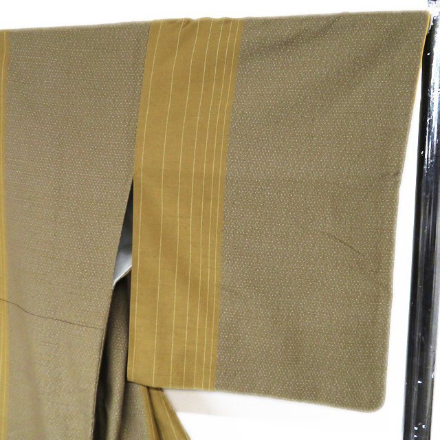 結(jié)城紬 著物 中古 正絹 袷 カジュアル ラベル付き 縦段模様 蚊絣 路考茶色 桑茶色 多色 身丈161.5cm 裄68cm M きもの北條 A1115-7
