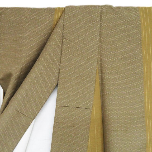 結(jié)城紬 著物 中古 正絹 袷 カジュアル ラベル付き 縦段模様 蚊絣 路考茶色 桑茶色 多色 身丈161.5cm 裄68cm M きもの北條 A1115-7