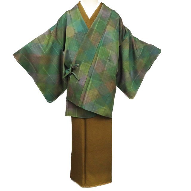 コート 道中着 着物 未使用 正絹 緑系色 茶系色 多色 身丈84cm 裄63cm きもの北條 A1118-2