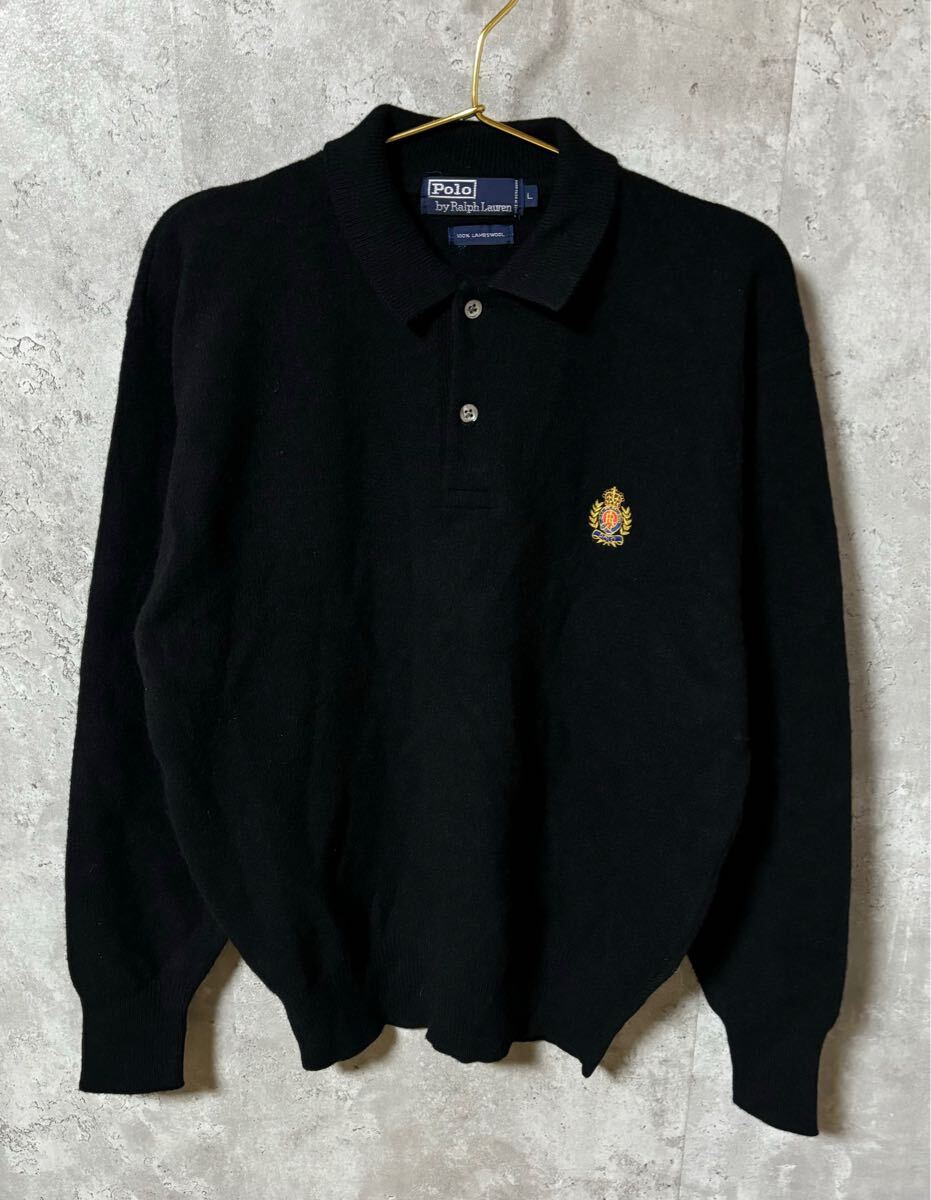 【デッドストック 80s】ラルフローレン ニットポロシャツ ロゴ刺繍 メランジ 美品 90s POLO RALPH LAUREN エンブレムロゴ刺繍入襟付ニット