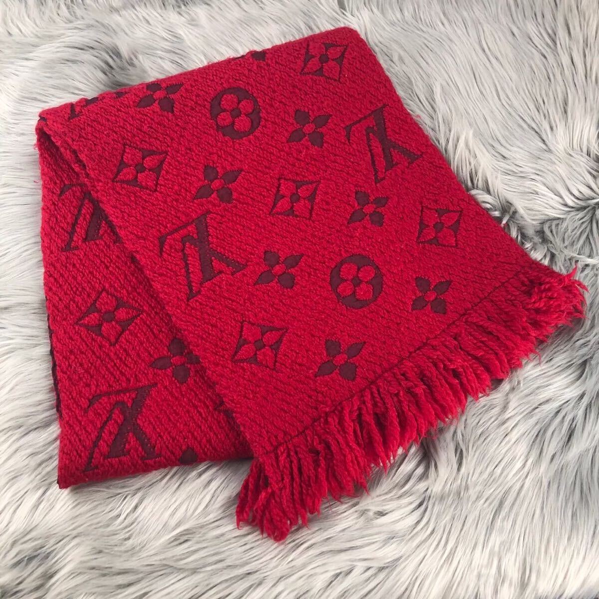 1円〜 yg2406018 ルイヴィトン LOUIS VUITTON エシャルプ ロゴマニア モノグラム マフラー レッド M72432