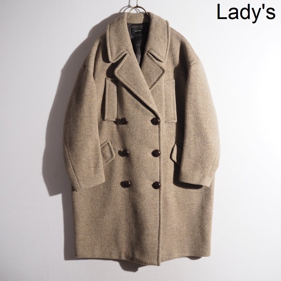 M5963P▼ISABEL MARANT イザベルマラン▼ ブランケットウール レザーダブルボタン ビッグ コート カーキベージュ ウールコート 秋冬 rb mks