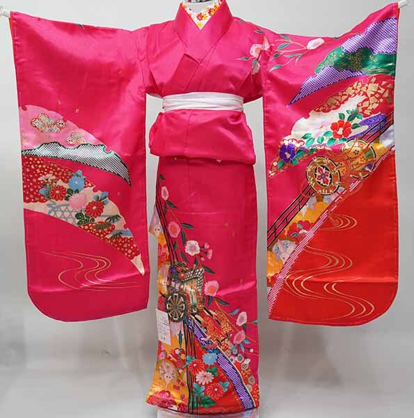 七歳 7歳 7才 七才 女児 著物と長襦袢セット 仕立て上がり ピンク 刺繍入り半襟縫い付け済み（株）安田屋 NO41133