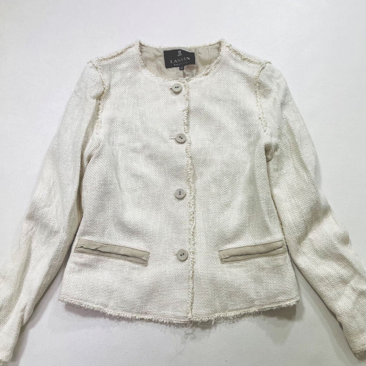 253 LANVIN COLLECTION イタリア生地 フリンジ ツイード ノーカラージャケット サイズ42 ランバン コレクション レディース 41112E