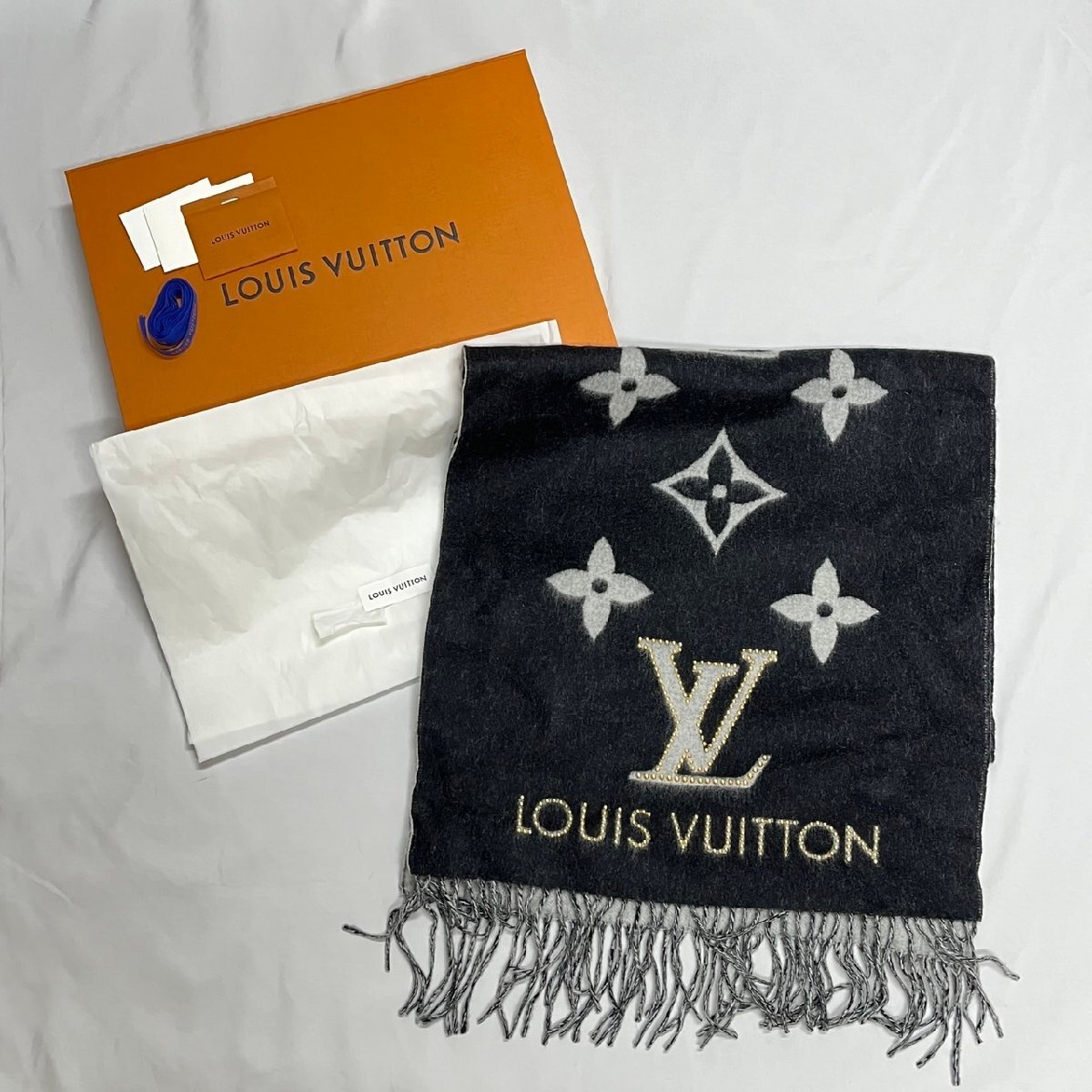 ▽▼【美品】ルイヴィトン LouisVuitton エシャルプ レイキャビック スタッディー カシミヤ マフラー 黒×灰色系 レディース メンズ M71588