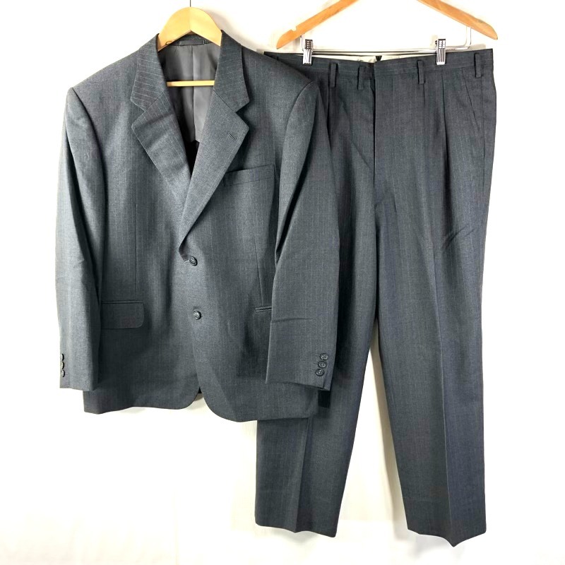 英國屋 銀座 スーツ パンツ セットアップ ストライプ 肩パッド グレー系 901657