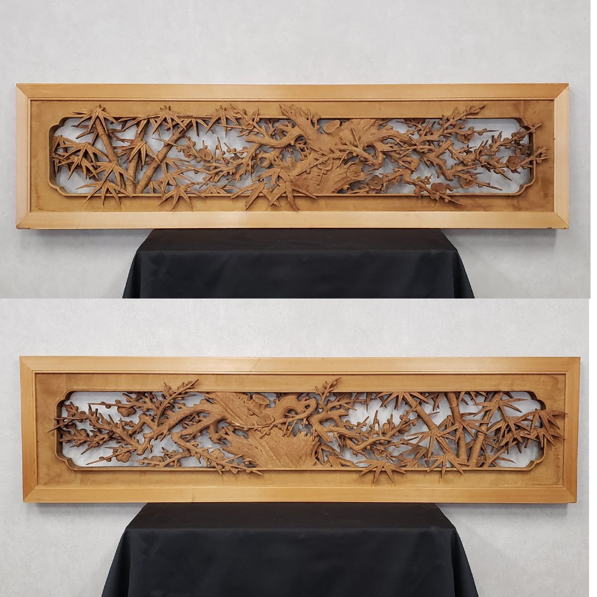 品質のいい 彫刻欄間 細密彫刻 井波彫刻 松竹梅「一対(2枚セット)」秀成刀 建具