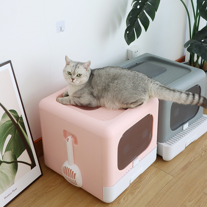 人気品 2色選択可 キャットトイレ 猫用トイレ フルカバー 折りたたみ大型 猫砂 飛び散り防止 スコップ付き ニオイ防止 清潔 お手入れ 脱臭