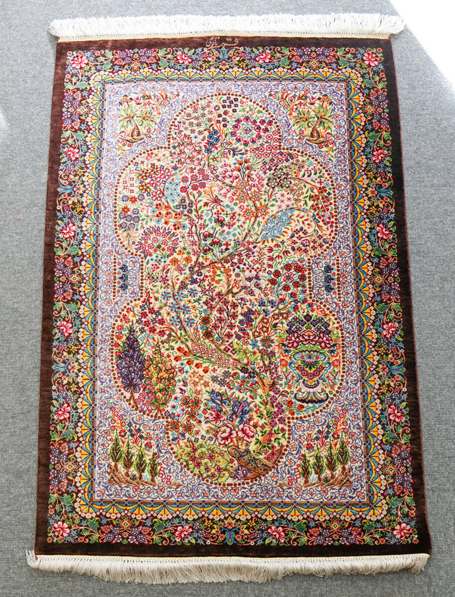 90×61cm ペルシャ絨毯 クム産 ナーリイ房 シルク 100% 証明書付 90×61cm ペルシャ絨毯 クム産 ナーリイ房 シルク 100% 証明書付