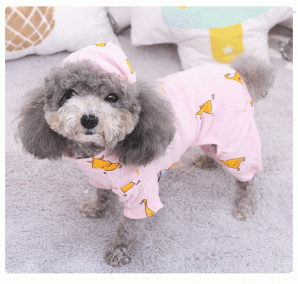 犬服 薄手 夏対応 ロンパース 部屋著 ペットグッズ 帽子付き パジャマ カバーオール ルームウェア つなぎ◆ピンクXSサイズ DJ791