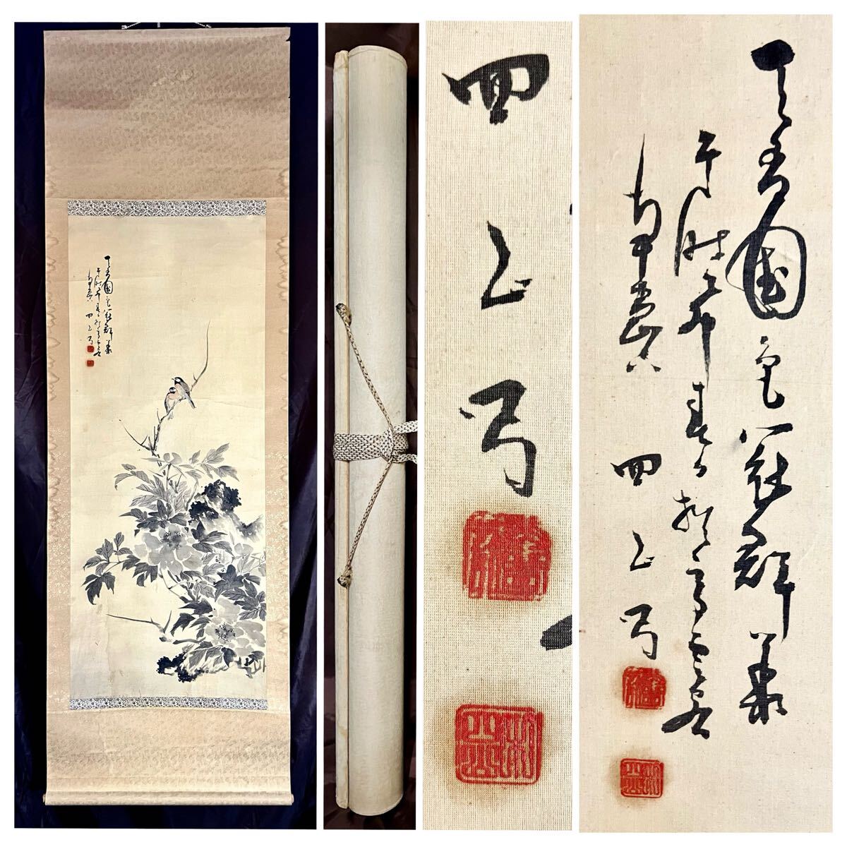 真作】【S8】松平直興 四山「牡丹小禽図」絹本 肉筆 花鳥図 鳥獣 真作】【S8】松平直興 四山「牡丹小禽図」絹本 肉筆 花鳥図 鳥獣