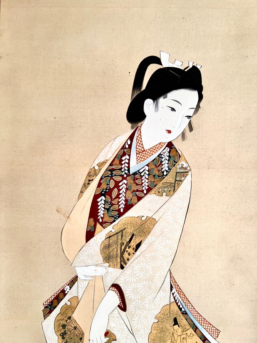 模写】45-27 逸品!無落款「立美人図」絹本 浮世絵 日本画 彩色 模写】45-27 逸品!無落款「立美人図」絹本 浮世絵 日本画 彩色