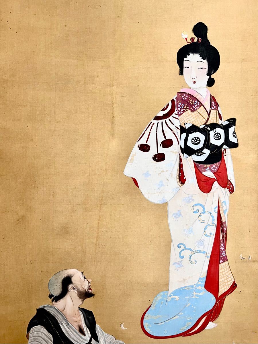 真作】【S8】河原輝水「左甚五郎」絹本 肉筆 共箱 浮世絵 美人画