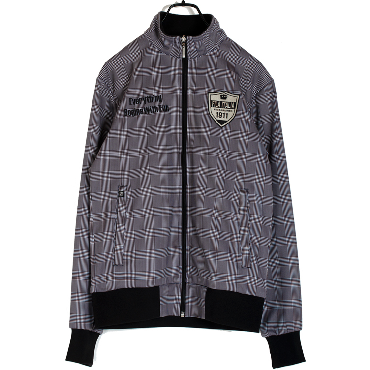 美品 FILA GOLF ジップジャケット メンズ 長袖 ゴルフウエア ブルゾン フルジップ M グレンチェック 裏起毛 グレー ワッペン 刺