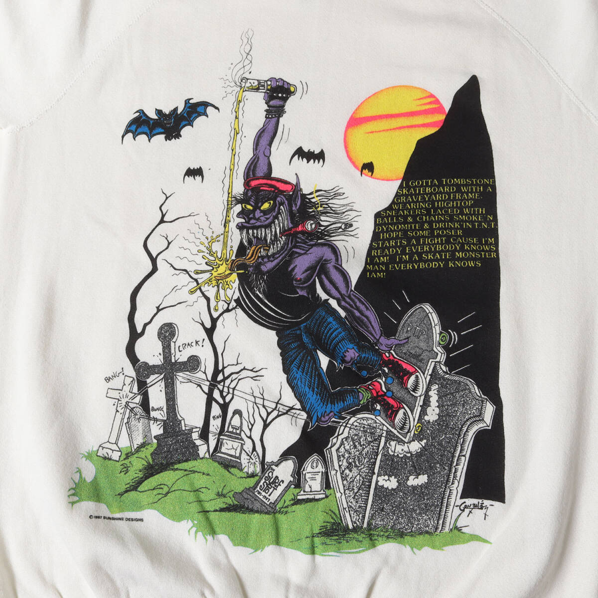 U.S.VINTAGE тренировочный размер :L 80s MONSTER ISLAND графика принт спортивная фуфайка ( неиспользуемый товар / USA производства ) белый 