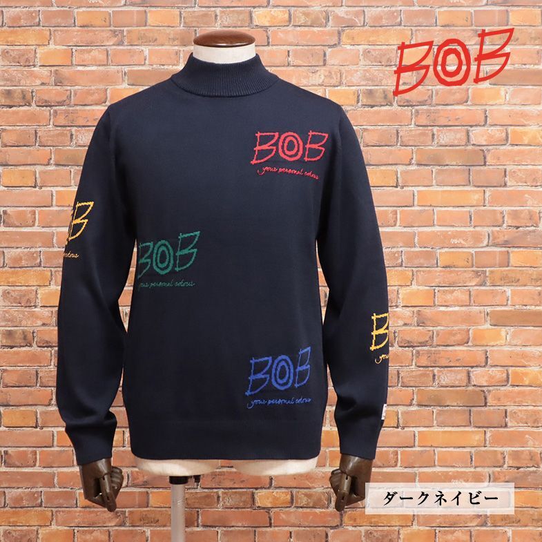 23AW/BOB/Lサイズ/モックネック ニット 保温◎ ホットレイ 機能性 ロゴ ジャガード 遊び心 ゴルフ 新品/濃紺/ダークネイビー/jb322/