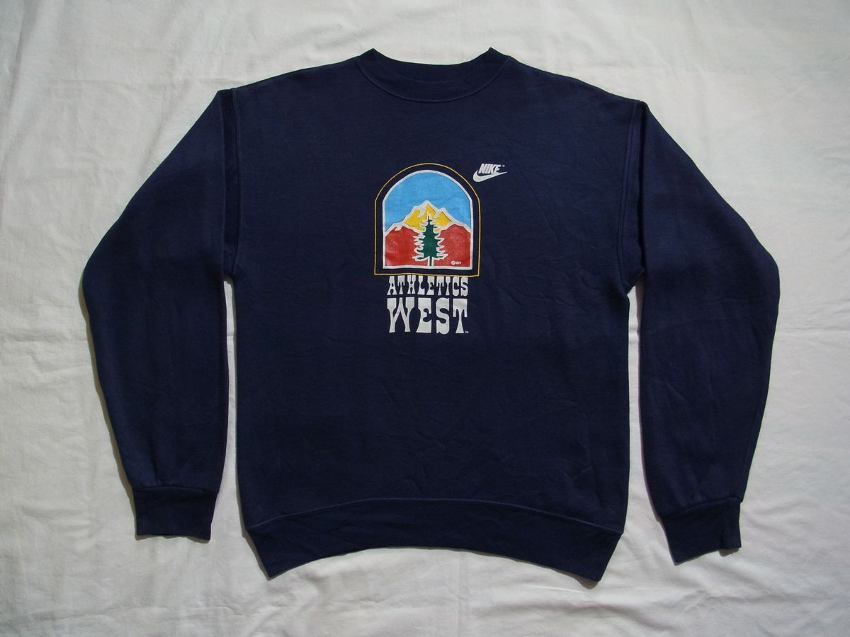 ☆ 70s イタリア制 ビンテージ NIKE ナイキ ATHLETICS WEST 1977 スウェット sizeM 紺 ☆USA古著 オリジナル PINWHEEL 風車 浮世絵 80s 