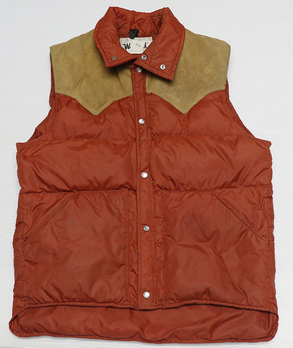 VE94ウールリッチWOOLRICHアメリカ古著アメリカ制ダウンベストMナイロン革スエードレザー切替80'Sビンテージ茶系ｘオレンジ系アウトドア