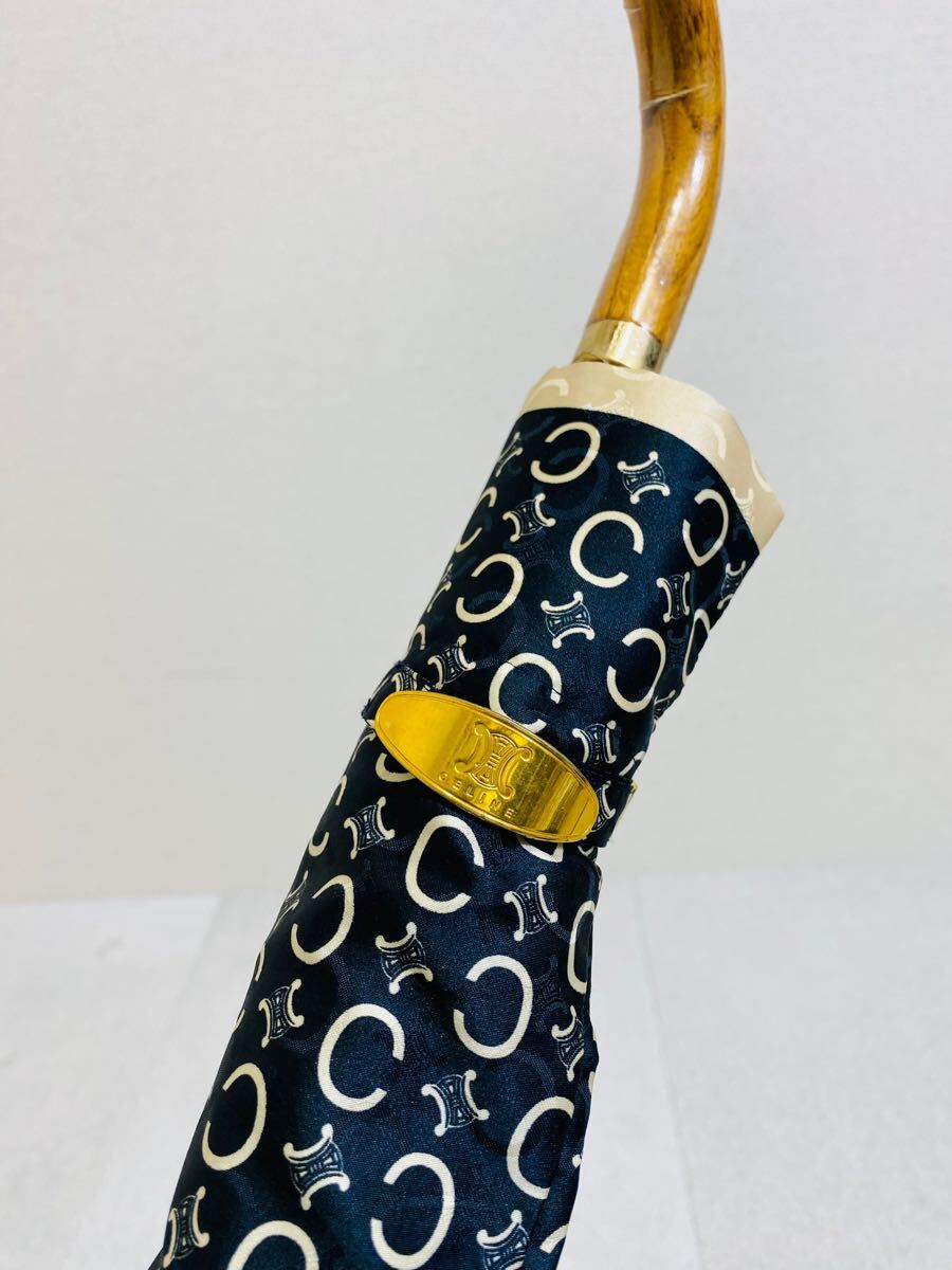 ○良品 CELINE セリーヌ 傘 マカダム柄 トリオンフ ネイビー