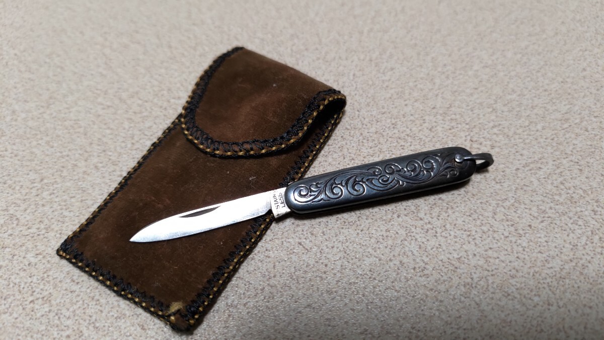 希少　純銀エングレービング　 折りたたみナイフ ケース付　全長7.6cm　懐中時計　フォブ