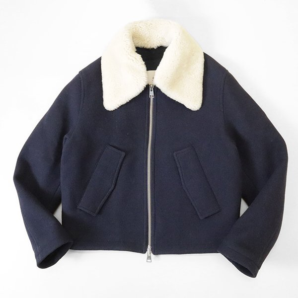 ami alexandre mattiussi ◆ ウールクロス ショートジャケット ネイビー S *中綿入* 襟ムートン着脱可 定価18万円 ブルゾン アミ ◆ZZ5