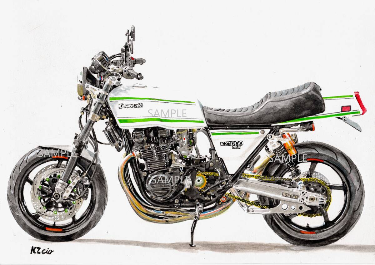 Ａ４プリントです　カワサキ KZ1000MkⅡ　③　水彩畫(huà)　バイクイラスト　　　