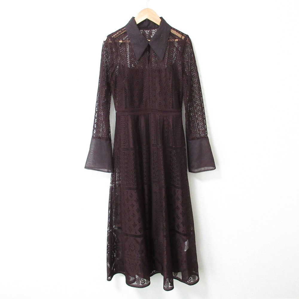 美品 22AW FRAY I.D フレイアイディー ファインモチーフパネルレースドレス 長袖 シアー ロングワンピース FWFO225503 0 ボルドー