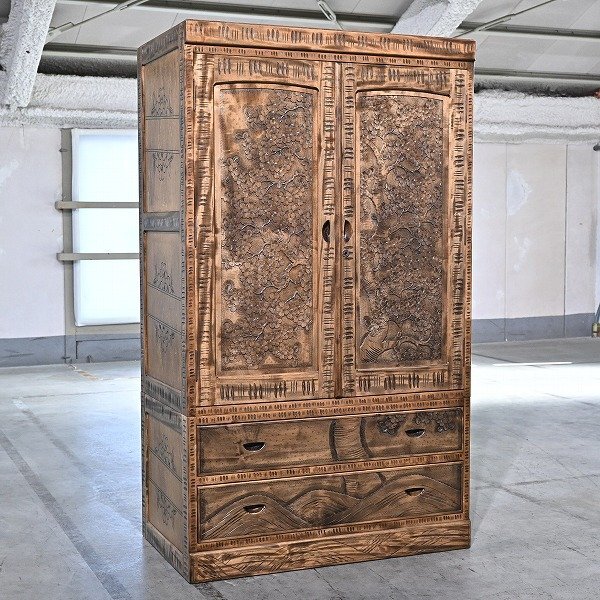 未使用 展示品 シバサキ製 伝統工芸 軽井沢彫り ワードローブ 箪笥 洋服掛け 収納 桜彫刻 手彫り 逸品 芸術 サクラ 書斎 リビング
