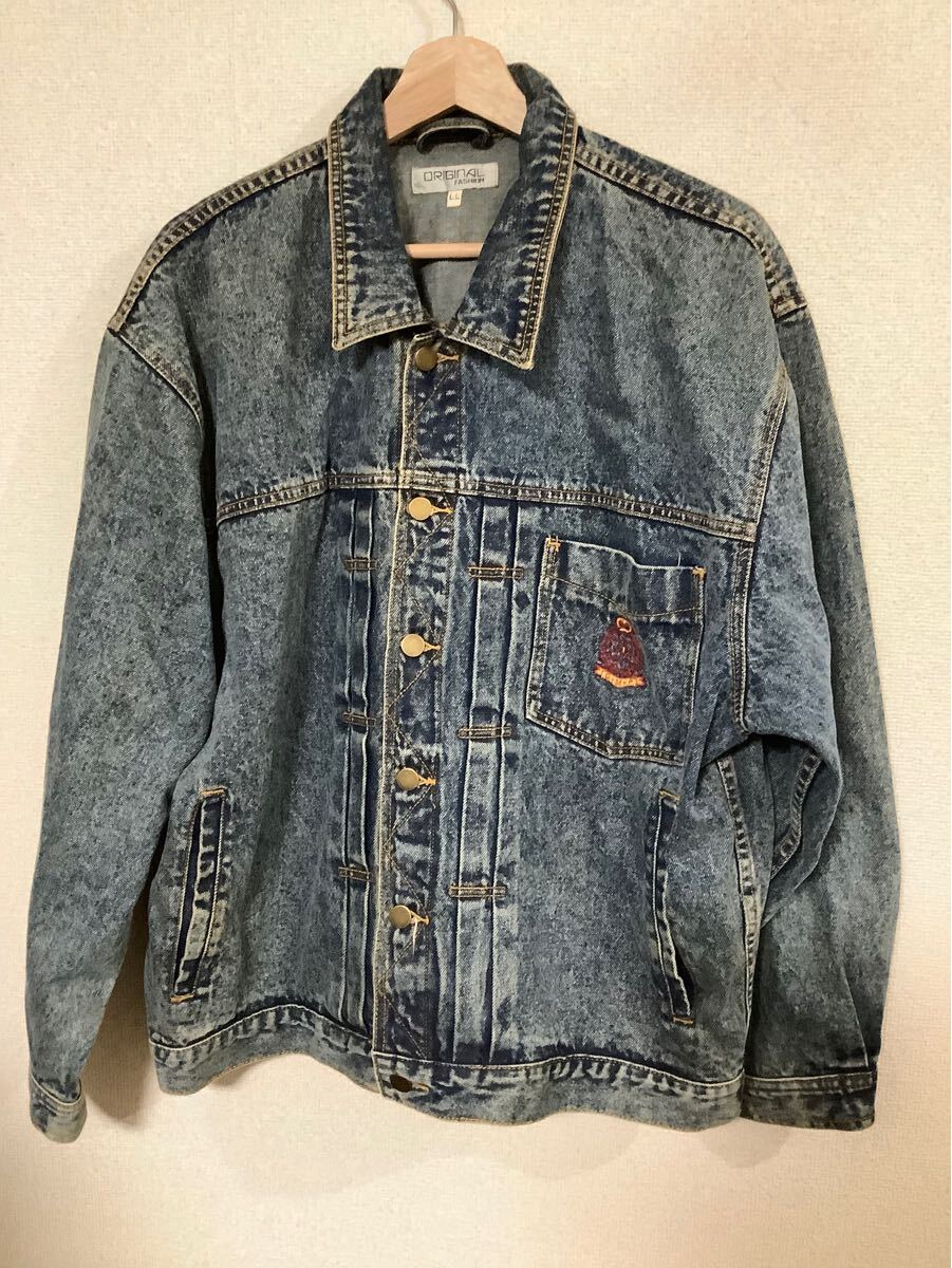 ORIGINAL FASHION オリジナルファッション　ケミカルウォッシュ　デニムジャケット　刺繍　アメカジ　カジュアル　メンズ　古着　L L