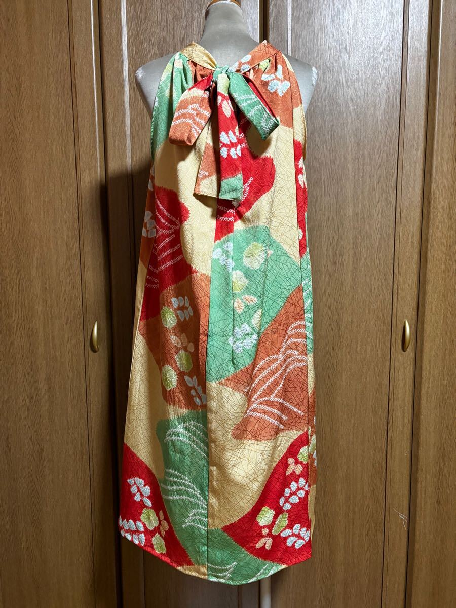著物リメイク★261★赤緑黃色振袖ホルターネックワンピース ?ストール★絞り花々★多少難あり