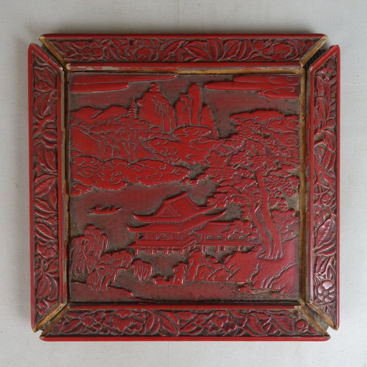 蔵壷◇『堆朱 楼閣山水図 四方盆』 1点 ※状態難有り 煎茶