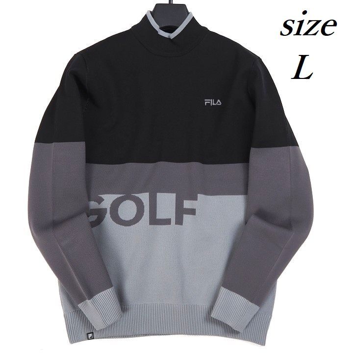 R619 新品 FILA GOLF フィラ ゴルフ ロゴジャガード 長袖 ハイネック セーター ゴルフウエア ブラック/グレー L