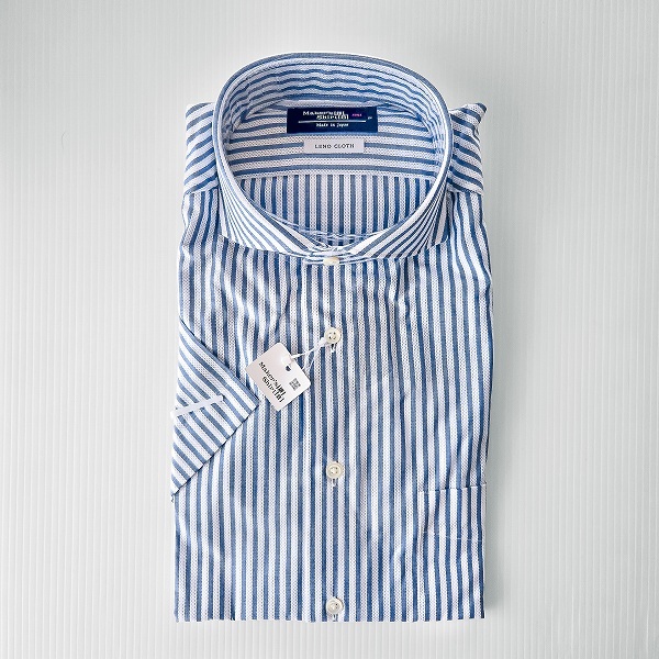 #snc メーカーズシャツカマクラ メーカーズシャツ鎌倉 半袖シャツ L 青 白 ワイシャツ LENO CLOTH タグ付き 新品同様 メンズ [911277]
