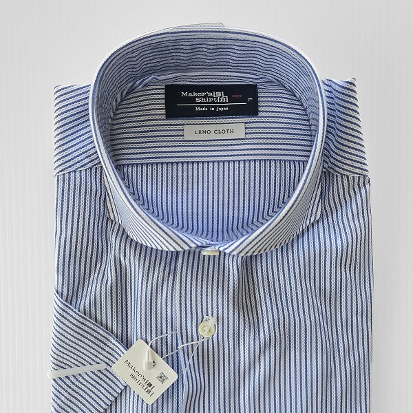 #snc メーカーズシャツカマクラ メーカーズシャツ鎌倉 半袖シャツ L 青 白 ワイシャツ LENO CLOTH タグ付き 新品同様 メンズ [911278]